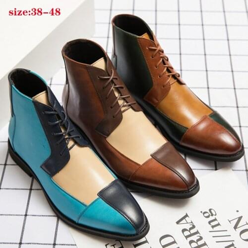 Fashion high-end leather mens Martin boots, casual non-slip fashion boots, high-top personality color matching motorcycle boots