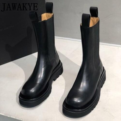 Black Genuine Leather Motorcycle Boots Women British Style Mid Calf Casual Flat Short Boots Winter Fashion Cowboy Boots mujer