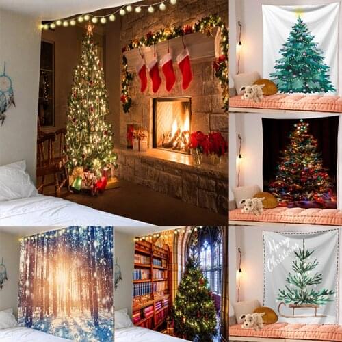 Wall Hanging Tapestry Merry Christmas Tree Reindeer Fireplace Winter Forest Tapestry Bedroom Living Room Dorm