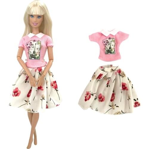 NK 1 Pcs Doll Dress Fashion Pattern Pink Shirt Flower white Skirt For Barbie Doll Outfits For 1/6 Dolls Accessories Kids Toys