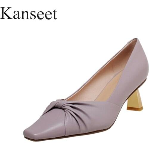 Kanseet 2021 New Women Pumps Spring Autumn Genuine Leather Fashion Design Handmade Hot Sale Purple White Square Toe High Heels