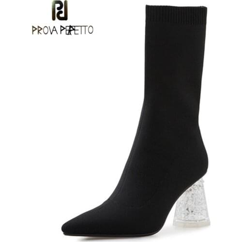 Autumn and Winter New Temperament Pointed Crystal Thick Heel Socks Boots Women Fashion High-heeled Wool Stretch Thin Boots