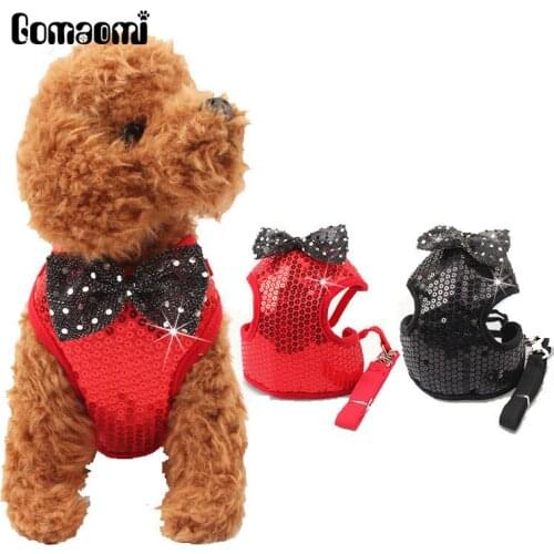 Gomaomi Sequin Bowtie Pet Collar Leads Dog Harness with Leash Puppy Clothes Black or Red