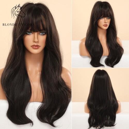 BLONDE UNICORN Long Wavy Synthetic Hair Wigs Dark Brown with Bangs For Black White Women Heat Resistant Fiber Daily Wig