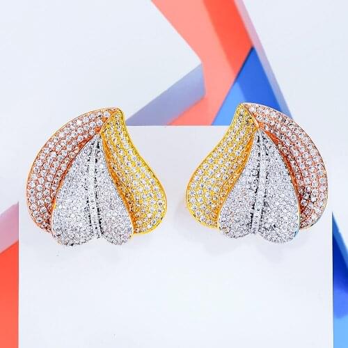 Blachette Hot Modern Leaf Design Luxury Cute Fine Earring Women Full CZ Paved Cubic Zircon Bridal Wedding Daily Show Jewelry