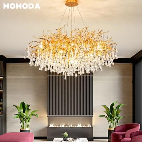Postmodern Full Brass Crystal Chandeliers Lighting luxury hanging lights for living dining room loft simple modern long lustres