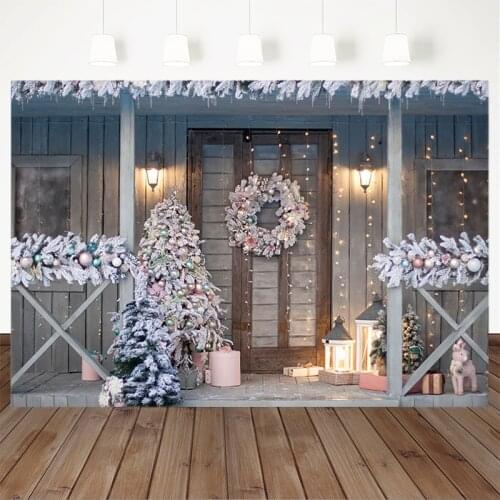 Christmas Theme Backdrop Christmas Tree Gift Garland Awarm light Wooden house Photography Background For Photo Studio