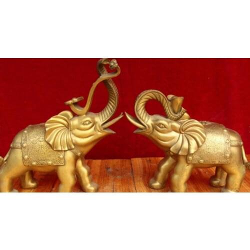Old Chinese Pure Bronze Elephant Elephants Hold Ruyi Ru Yi Yuanbao Statue Pair