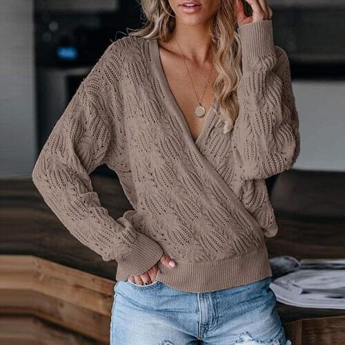 Women Deep V Neck Wrap Sweater Long Sleeve Crochet Knit Hollow Pullover Jumpers