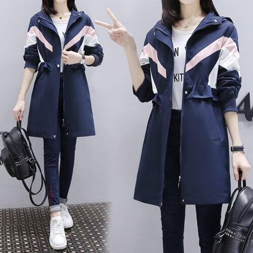 Windbreaker Womens Spring and Autumn 2020 Popular Stitching Contrast Color Large Size Hooded Mid-length Female Trench Coat K575