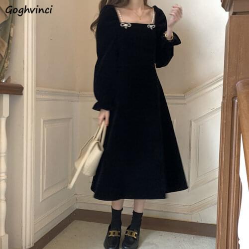 Women Long Sleeve Dresses Soft High Quality Black Bow Design Elegant Square Collar A-line Golden Velvet Gentle Ulzzang Female BF