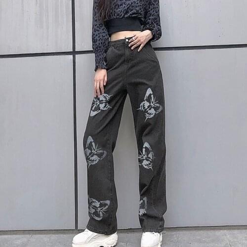 Womens High-waist Straight-leg Jeans with Butterfly Print Mopping Loose Wide-leg Pants d88