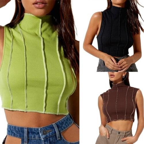 Womens Patchwork Tank Tops, Sleeveless Mock Neck Contrast Stitch Rib Knit Tops Ladies