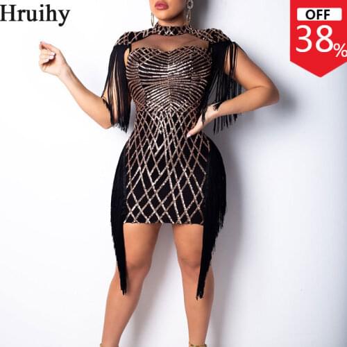 Ladies Dress Sequin Tassel Design Mesh Patchwork Sexy Dresses Women Evening Party Night Club Plus Size Dresses S-4XL
