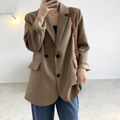2021New Vintage Back Split Solid Blazer Jacket Women Double Breasted Loose Blazer Spring Office Ladies Long Sleeve Coat Outwear