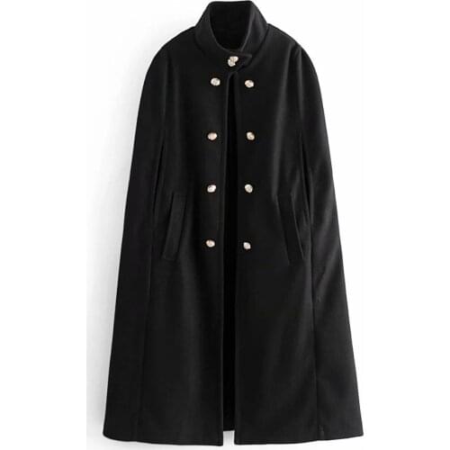 ZA Women Retro Style Button Decoration Long Bat Cape Woolen Coats Autumn Winter Loose Coat Female Fashion Black Outerwear