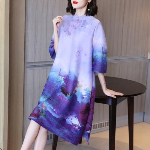 Vintage Dress Plus Size For Women 45-75kg 2021 Summer Stand Collar Half Sleeve Printed Miyake Pleated Loose Dress