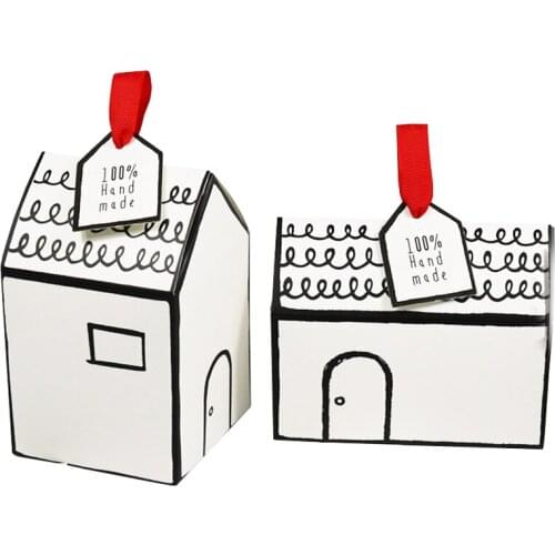 2sets Party Gift Boxes with Ribbon and Tag Merry Christmas Paper Boxes Handmade House Shape Present Gifts Box Party Supplies