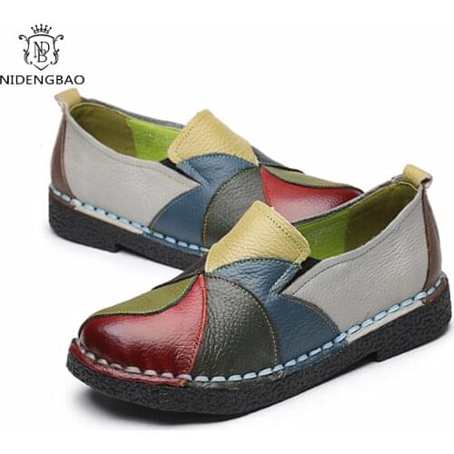 2021 New Womens Ladies Female Woman Mother Shoes Flats Genuine Leather Loafers Mixed Colorful Non Slip On Plus Size 35-42