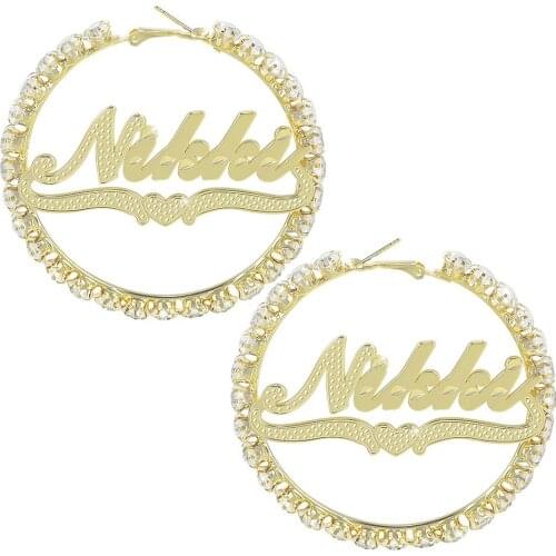 2021 New Carved Custom Name Earrings Hip Hop Crystal Sexy Hoop Nameplate Earrings Gift