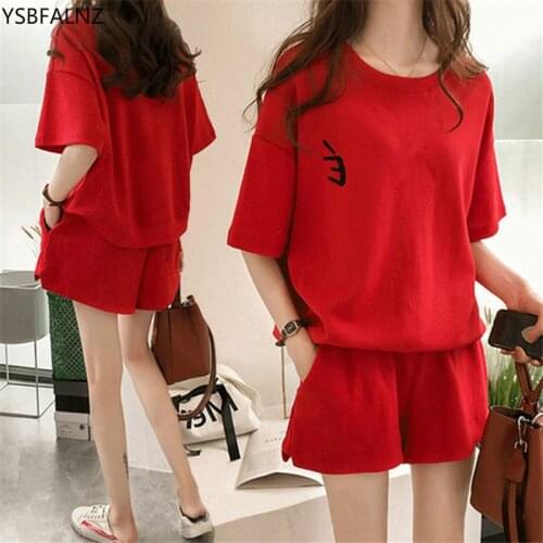 2020 Plus Size Women Shorts T-shirt Blouse Red Suit Summer Loose Casual Two-piece Sets Korean Fashion Femme Motion Pink Sets New