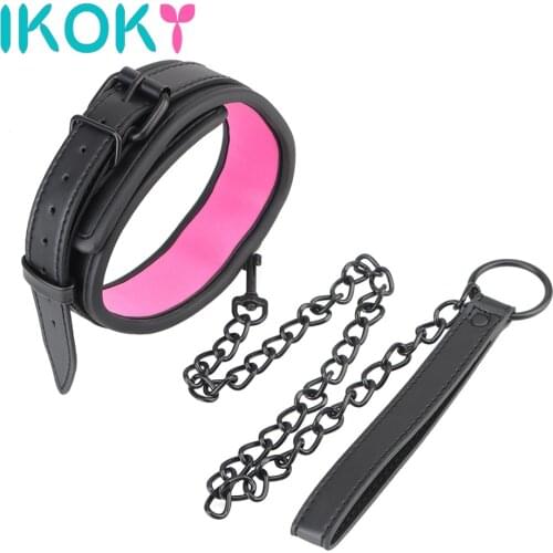 IKOKY Bondage Collar Slave Restraints Collar Leather And Iron Chain Link Slave Collars Neck Ring Sex Toys For Couples SM Bondage