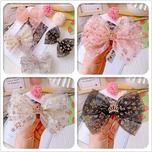 Boutique 20pcs Fashion Glitter Star Mesh Bow Hairpins Rhinestone Tiaras Bowknot Hair Clips Princess Headwear Hair Accessories