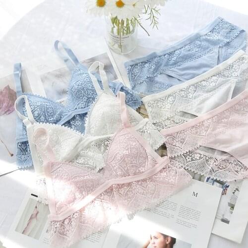 Wriufred No steel ring girl bralette with underpants set triangle cup bra briefs set sexy lace student underwear