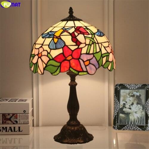FUMAT tiffany pink blue orchid desk lamp hummingbird stained glass table light 12 inch lampshade handicraft home decor E27 lamps