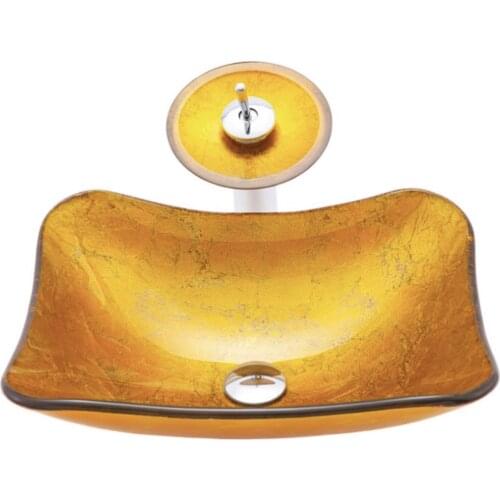 Golden tempered glass art wash basin bathroom toilet above counter washbasin 475*375*135mm