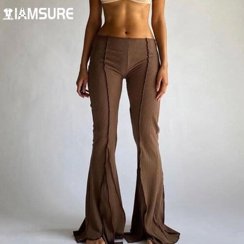 IAMSURE Low Waisted Flare Pants Sexy Slim Ribbed Wide Leg Pant Women 2021 Fashion Casual Elastic Waist Trousers Streetwear 90S