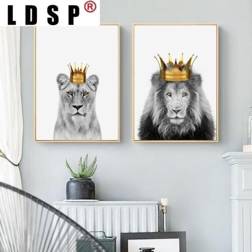 LDSP Queen with Crown and Lion King Canvas Painting Poster Grassland Animal Wall Art Print Nursery Picture for Living Room
