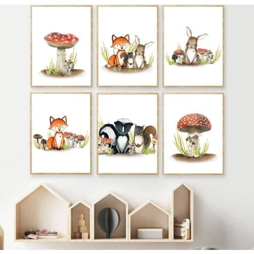 Mushroom Fox Rabbit Squirrel Wall Art Canvas Painting Cartoon Nordic Posters And Prints Wall Pictures Girl Boy Kids Room Decor