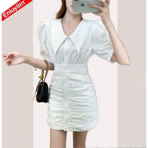 2021 New Design French Style Womens Fashion Cute Basic Wear Mini Little Black Single Breasted Patchwork White Shirt Dress