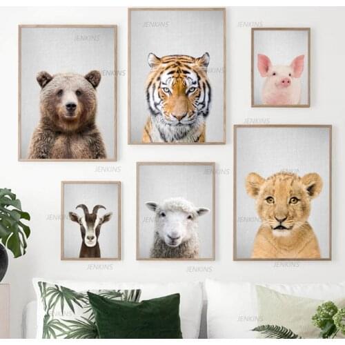 Nordic Posters and Prints Bear Tiger Pig Goat Lion Sheep Wall Art Canvas Painting Animals Wall Pictures for Baby Kids Room Decor