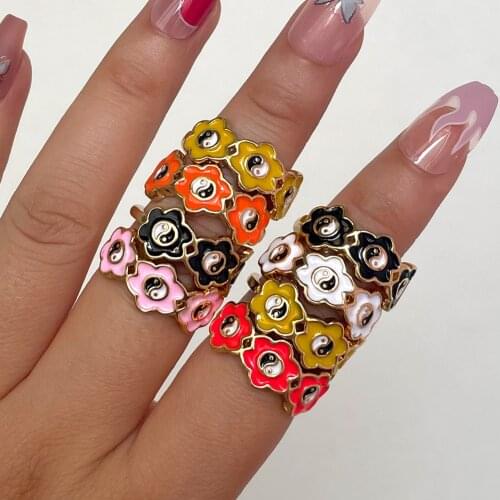 JUST FEEL 2021 New Flowers Link Yin Yang Metal Rings for Women Sweet Cute Candy Color Enamel Rings Summer Fashion Jewelry Gifts