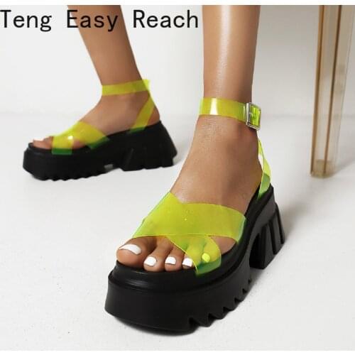 Women PVC Sandals High Heels Platform Slingback Ladies Sandals Peep Toe Summer Ankle buckle Back Strap Block Casual Sandals New