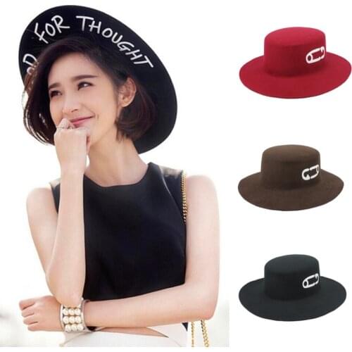 Pin Logo Fedora Hat Flat Top Letter Food for Thought Felt Jazz Top Hat Letter Print Big Side Pin Dome Hat for Men and Women