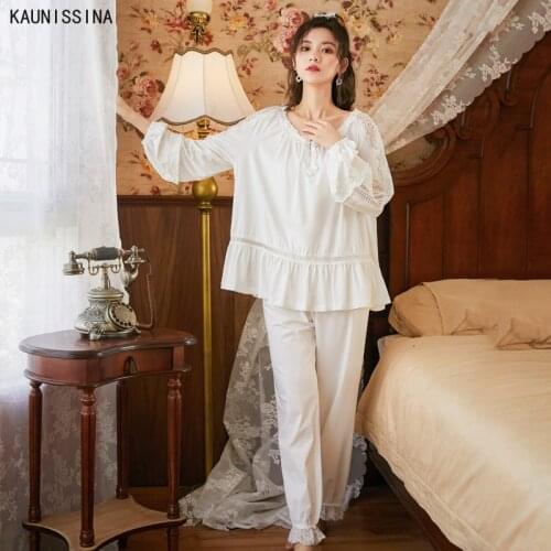 Spring Cotton Pajama for Women Autumn Long Sleeve Top Elastic Waist Pants Soild White Lace Pijama Set Vintage Princess Sleepwear