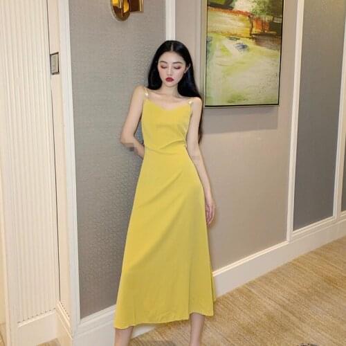 ZC2051 2020 summer new women fashion solid color casual show slim V collar shoulder-straps dress cheap wholesale
