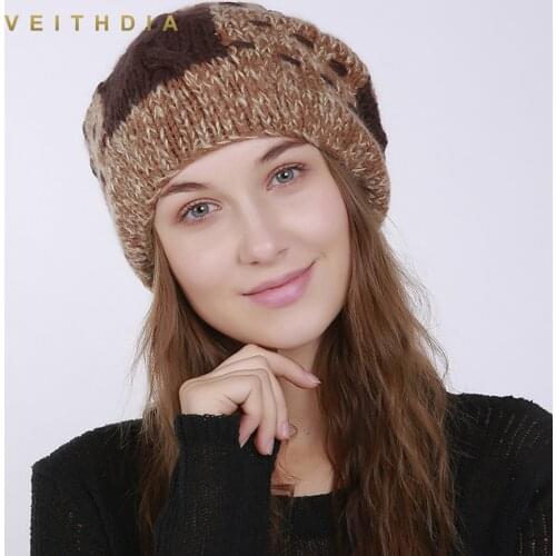 VEITHDIA Handmade WomenS Skullies Beanies Hats Winter Warm Hats Fashion Cap Slouchy Classic Style with Rabbit hair ball