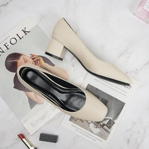 2021 Square High Heels Shoes Woman Leather Wedding Shoes Office Ladies Sexy Dress Asakuchi Sandals Apricot Size 33-42