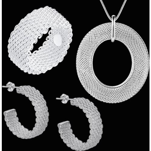 Hot Fine Vintage weave Mesh Pendant necklace earrings stud rings 925 sterling Silver Jewelry sets for woman Fashion Party gifts