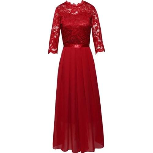 Chiffon Dress Stitching Lace Half Sleeve Dinner Evening Party Midi Dress Women Bridesmaid Wedding Wear Burgundy Black Clothes