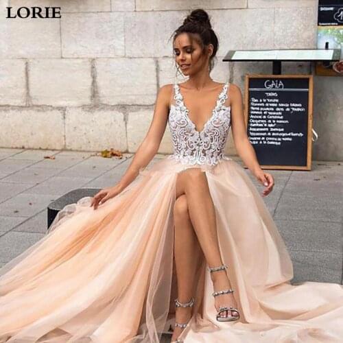 LORIE Champagne Wedding Dress A Line Vestidos de novia V Neck Side Split Appliqued Lace Sexy Wedding Bride Dresses