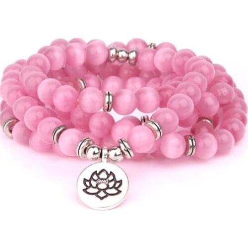 Pink 108 beads 8mm elastic adjustable Lotus life tree Buddha OM eye Chakra Reiki agate Onyx Yoga Bracelet necklace guiyf