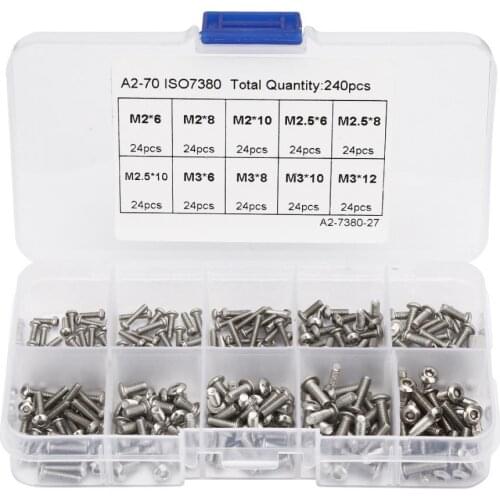 240pcs M2*6\M2*8\M2*10\M3*6\M3*8\M3*10\M3*12\M2.5*6\M2.5*8\M2.5*10 Hex Socket Screw Set Stainless steel screw