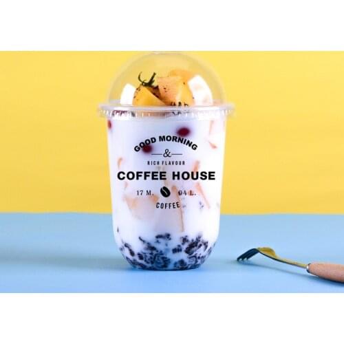 50pcs Creative transparent tdisposable cold drink milk tea cup U shaped fruit coffee takeaway packaging plastic cups with lid