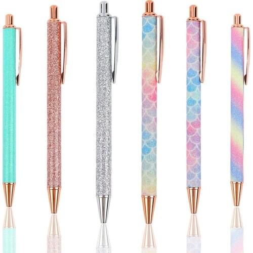 6 PCS Glitter Ballpoint Pens Rose Gold Click Ballpoint Pen Metal Glitter Pen Retractable Black Ink Medium Point Pens
