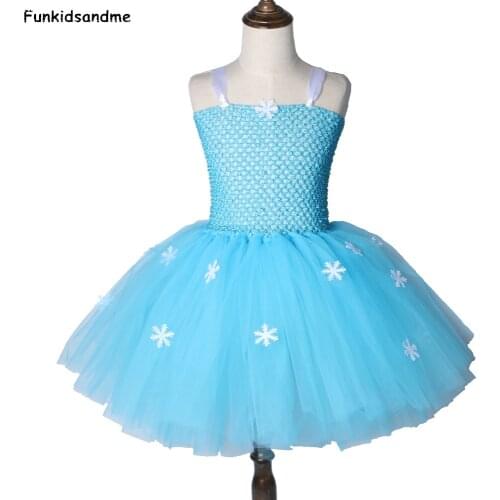 Sky Blue Princess Elsa Tutu Dress Snow Flake Child Kids Birthday Party Tutu Dresses For Girls Halloween Christmas Costume 2-12Y